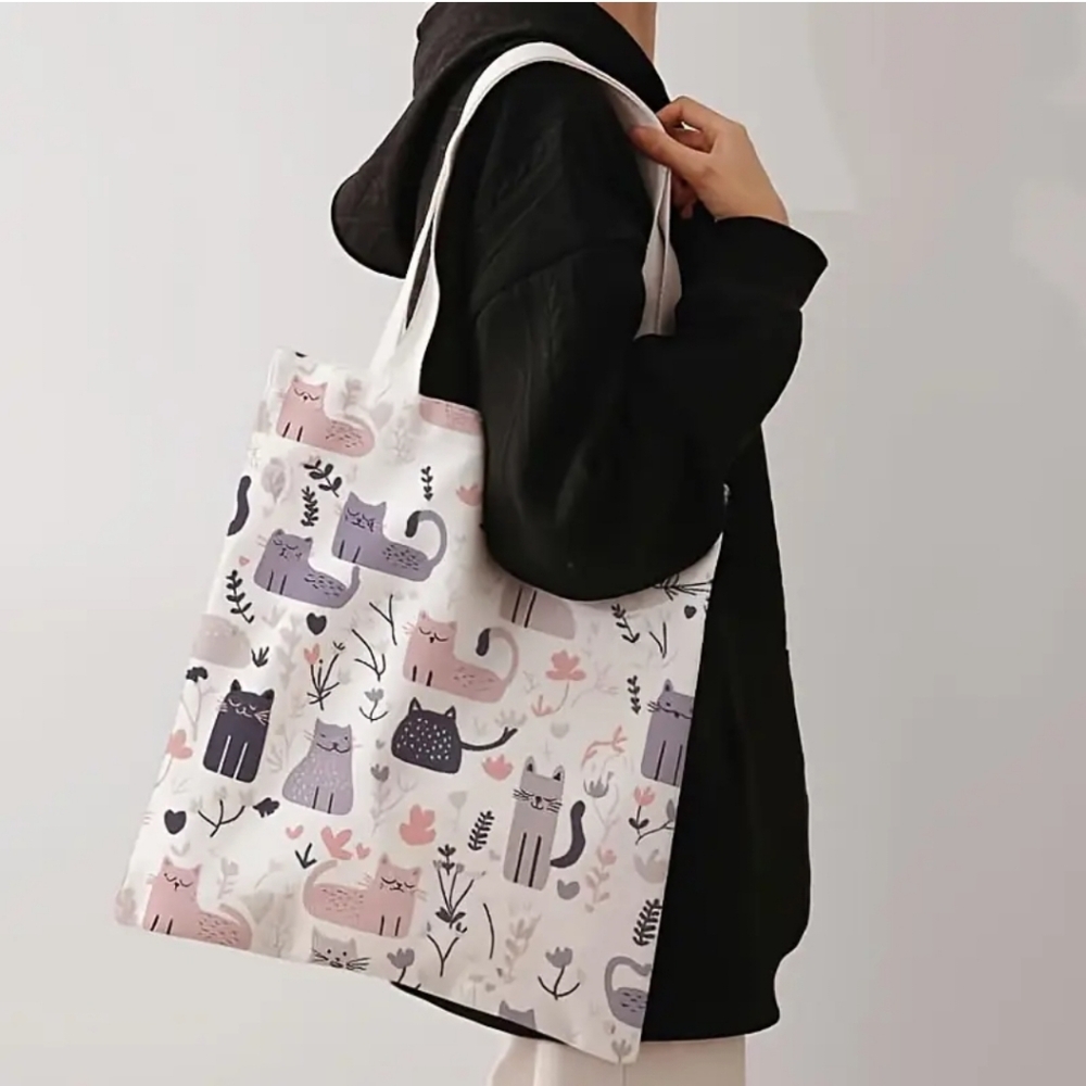 Pink And GREY WHIMSICAL CAT TOTE BAG